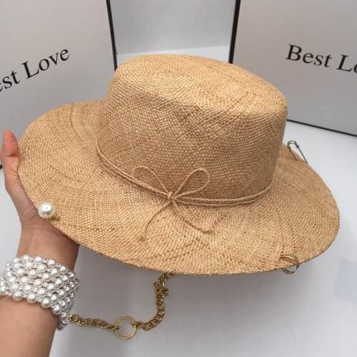 New straw sunhat for women with chain pearls for gift hat treasure grass tide free shipping