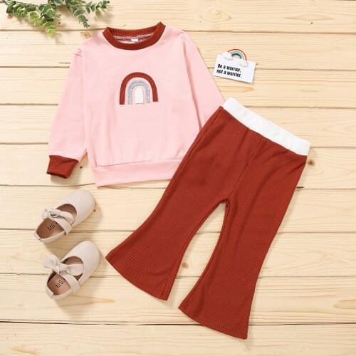 Toddler Baby Girls Autumn 2pcs Clothes Long Sleeve Pullovers + Flared Pants Rainbow Print Elastic Waist Pants Infant Clothing
