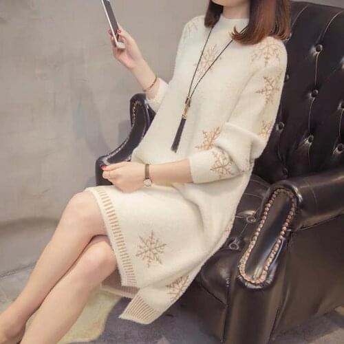 Imitation Mink Cashmere Sweater Dress Autumn Women Knit Pullover Loose Mid-length Thicken Snowflake Pattern Knitwear Female Tops