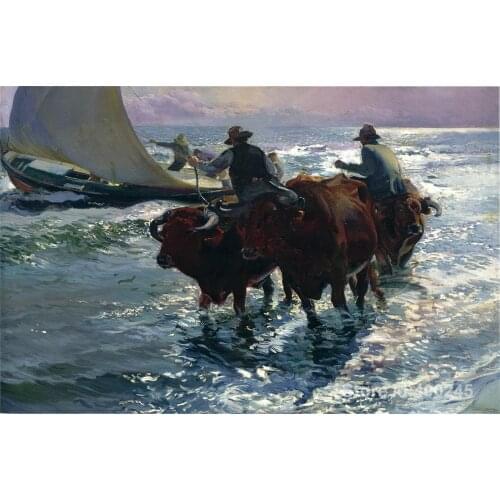 Oil painting beach scene Bulls in the Sea Joaquin Sorolla y Bastida reproduction art Handmade High Quality