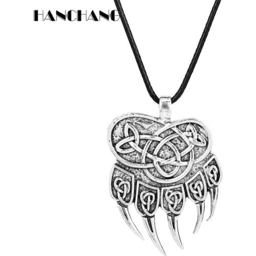 Steampunk Viking Jewelry Slavic God Symbol Warding Veles Amulet Bear Paw with Irish knot Strip Necklace for Women Men Charms