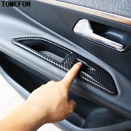 TOMEFON For Peugeot 3008 GT 2017 2018 ABS Carbon Fiber Door Armrest Window Lifter Trim Covers Sticker Auto Accessories LHD 4Pcs
