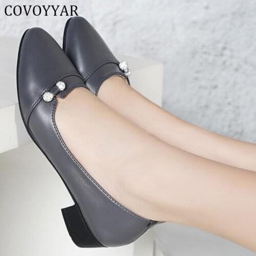COVOYYAR Spring Fashion Women Pumps Retro Low Thick Heel Shoes Women Pu Leather Dress Work Shoes Rhinestone Slip on WHH244