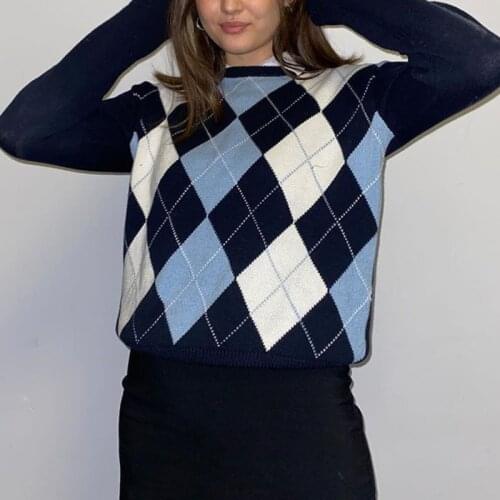 Plaid Knitted Long Sleeve Sweater Casual Fashion Bodycon Women Sweaters 2021 Autumn Winter Preppy Style O Neck 90s Sweater