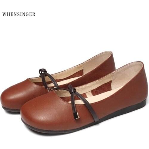 Whensinger - Women Flat Shoes loafers Genuine Leather Casual Flats Shoe Vintage Elegant Fashion Bow tie