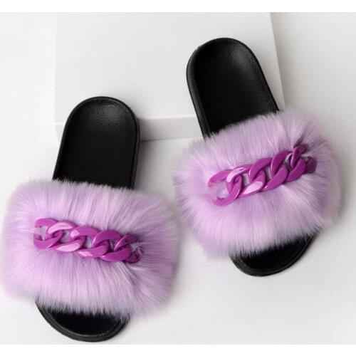 Women Travel Rainbow Chain Fluffy Faux Fur Slides Girls Charming Faux Fur Slippers Ladies Leisure Garden Walking Flip Flops Hot