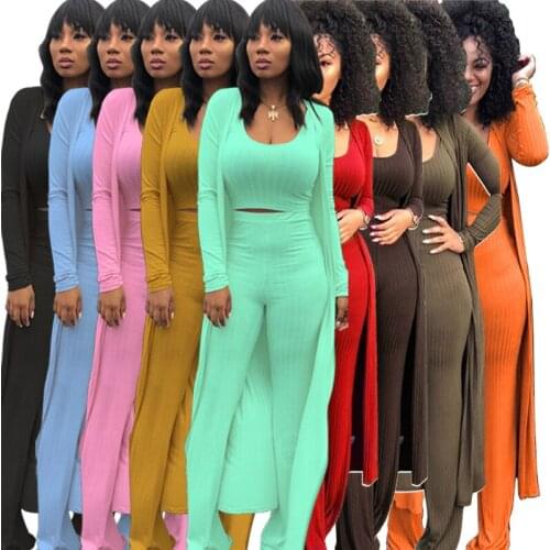 FNOCE 2020 winter new womenes sets fashion street casual elegant solid vest cardigan coat loose pants stretch slim 3-pc suits