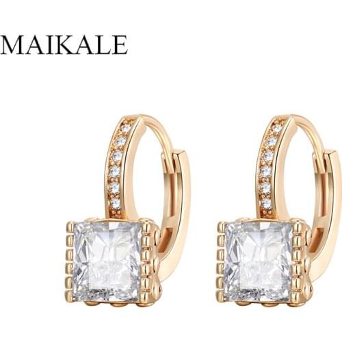 MAIKALE Simple Round Stud Earrings Square Cubic Zirconia Gold Copper Circle Korean Earrings for Women Party Jewelry Gifts