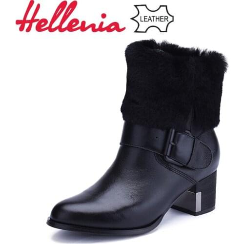 Hellenia Leather kid suede Ankle Boots Women Fashion heels Warm Spring Winter shoes Wool Fur Classic Shoe Round Toe Boot