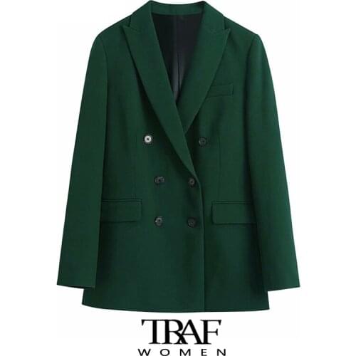 TRAF Za Women Fashion Double Breasted Office Wear Blazer Coat Vintage Long Sleeve Welt Pockets Female Outerwear Chic Veste