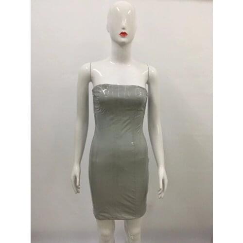 Women Sexy Faux Leather Grey Strapless Bodycon Short Mini Dress Club Wear PU Leather Dress