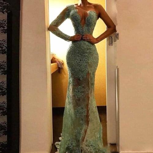 Sexy Prom Dresses Mermaid One-shoulder Appliques Lace Beaded Slit Long Prom Gown Evening Dresses Robe De Soiree