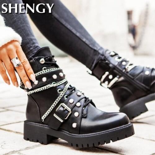 Winter Fahsion Women Black Metallic British Style Boots Ladies Shoes Cool Side Zipper Buckle Boots Outdoor Motorcycle Ankle Boot