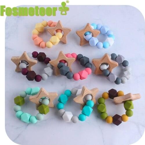 Fosmeteor 1pcs Silicone Bead Bracelet Nursing Teething Toys BPA Free Beech Wooden Star Bracelet DIY Baby Teether Bath Gift
