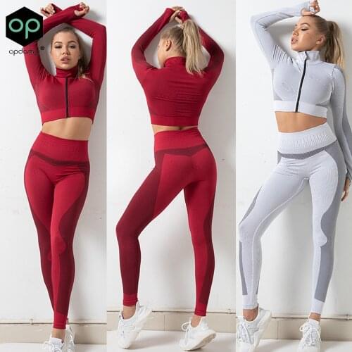 2 pcs New Long Sleeve Womens Seamless Yoga Wear Zipper Set Fall/Winter Collar Hip-Lifting Elastic Fitness Sports Yoga Tracksuit