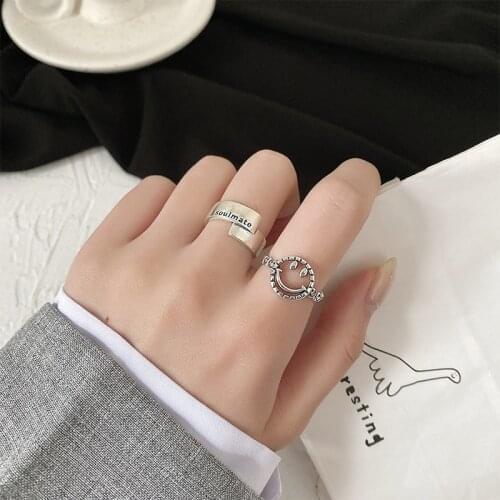 2Pcs/set Vintage Copper Silver Letter Smile Rings Set For Women Hollow Geometric Opening Rings Adjust Rings Anillos Mujer
