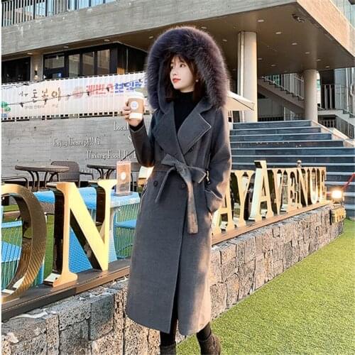 2019 High-end Autumn and Winter Extra Large Size Womens Woolen Coat Long Fur Collar Wool Jacket Elegant Luxury Overcoat f2188