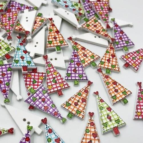 25/50/100Pcs Mix Wooden Buttons Beautiful Chirstmas Tree Botones Printing Sewing Accessories Scrapbooking 2 Holes WB235