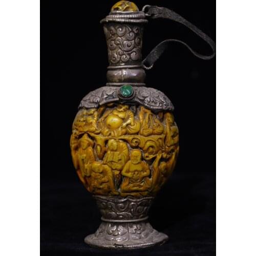 6"Chinese temple collection Old Tibetan silver mosaic Filigree Natural yak bone Gem snuff bottle Eight Treasure Pot snuff bottle