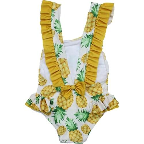Kids Pineapple Print Flying Sleeve O Neck One Piece Swimsuit With Bow Little Girl Swim Jumpsuit Yellow S M L XL XXL