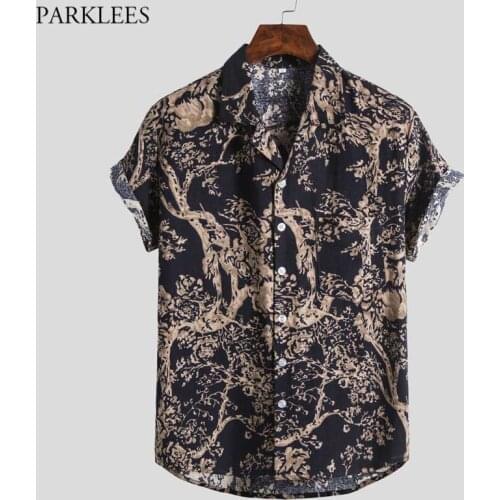 Retro Floral Hawaiian Shirt Men Short Sleeve Casual Button Down Beach Shirts Mens Breathable Comfortable Summer Clothing Brown