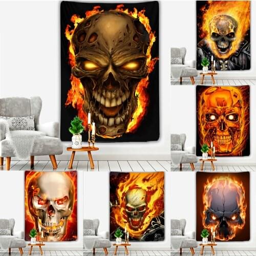 Flaming Skull Tapestry Mexican Haunted Bedroom Bedspread Wall Carpet Halloween Witchcraft Home Large Beach Towel Decorate Fire