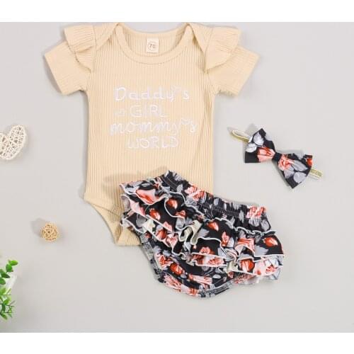 3 Pcs Baby Girls Summer Outfits Ribbed Letter Pattern Fly Sleeve Round Neck Romper + Floral Ruffled Shorts + Bowknot Headband