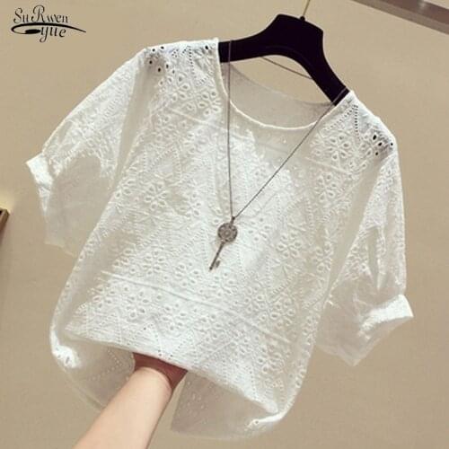 Fashion New Small Blouse Women White Blouse Korean Summer Shirts Hook Floral Short Sleeve Lace Shirt White Lace Top Women 15379
