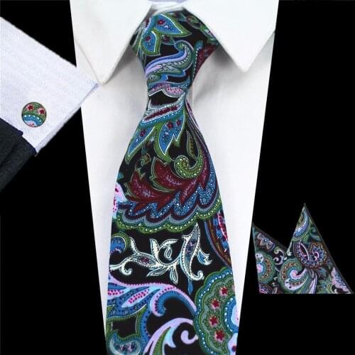 GUSLESON 100% Cotton Mens Tie Set Floral Neck Tie Handkerchief Cufflinks 8cm Classic Wedding Paisley Ties for Men Suits Corbatas