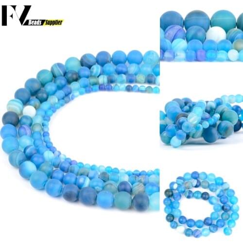 Wholesale 4/12mm Natural Dull polished Blue Stripe Agates Stone Loose Spacer Round Beads For Jewelry Making DIY Bracelets 15"