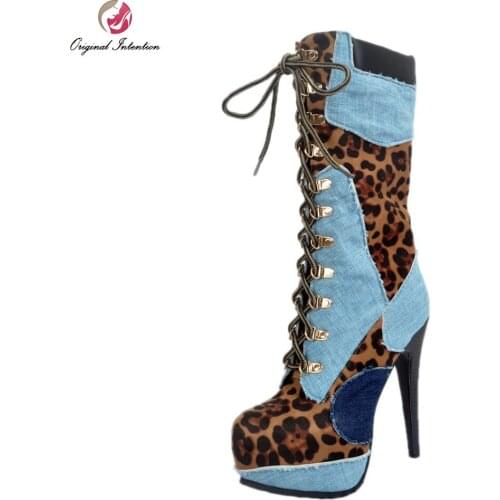 Original Intention Women Mid-Calf Boots Nice Platform Round Toe Thin Heels Boots Elegant Blue Red Shoes Woman Plus US Size 4-15