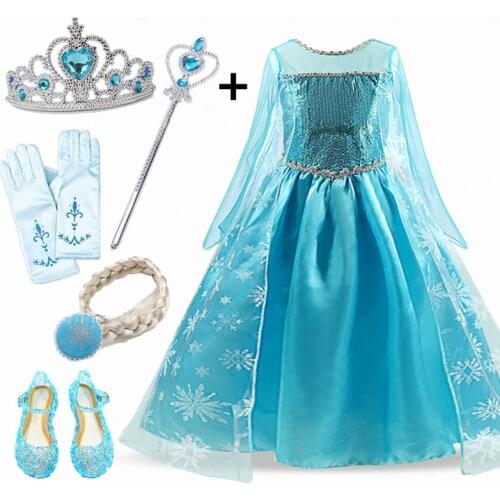 Princess Dresses for Girls 3-10Y Cosplay Costume Halloween Birthday Party Clothes Snow Dress Princess Crown Braid