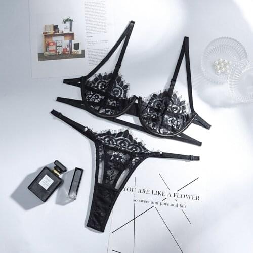 Sexy Lace Sensual Lingerie Womens Underwear Transparent Push up Underwire Bra Brief Sets Solid Seamless Bilizna Set