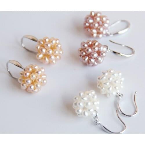 High quality jewelry lady tiny natural white orange purple real pearl bead pure handcraft ball solid 925 sterling silver earring