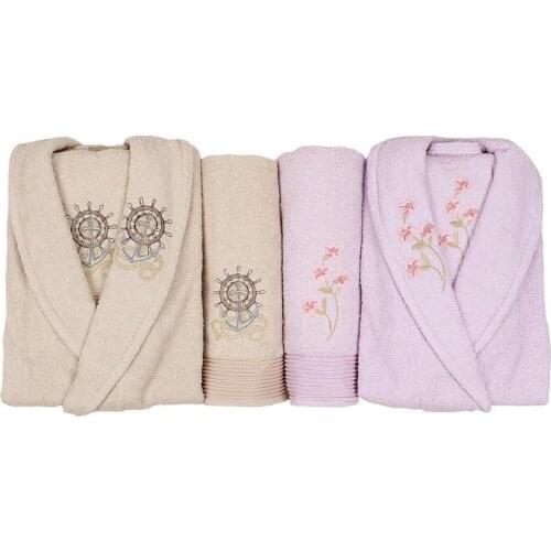 Scar Embroidered 100 Cotton 4 Piece Bathrobes Set Cappucino Lilac
