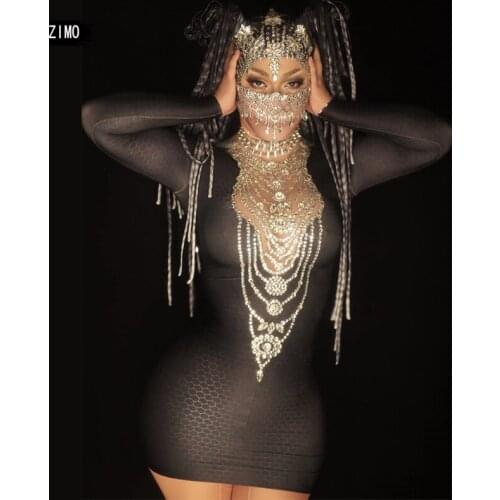 Silver Rhinestone Dress Women Sexy Tassel Black Mini Tight Dress Birthday Party Stage Dance Costume Female Singer Show Clothes