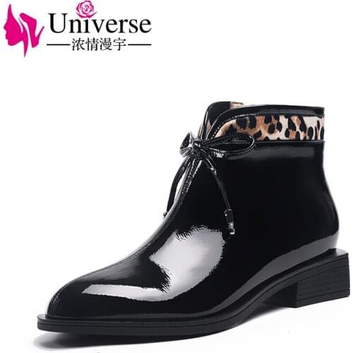 Universe J321 New Patent Leather Women Low Heel Fashion Zipper Design Boots Women Ankle Boots