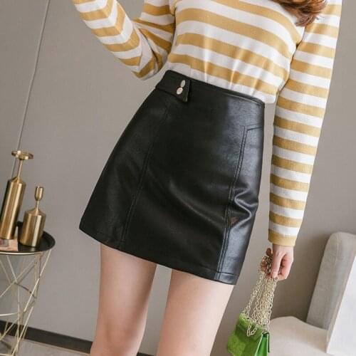 Women 2021 Spring Autumn Fashion High Waist Slim Skirts Female Short PU Leather Skirts Ladies Solid Color A-line Skirts V1053