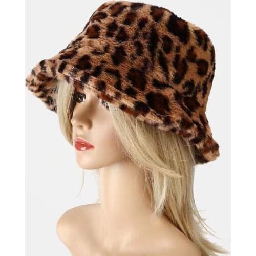 New Winter Leopard Print Faux Fur Women Outdoor Warm Hat Soft Fluffy Fisherman Bucket Hats