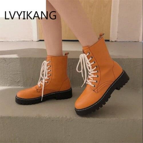 Winter Boots Women 2019 Leather Boots Round Head Women Low-heeled Women Lace-up Ankle Boots Winter Shoes Woman Mujer 35-39