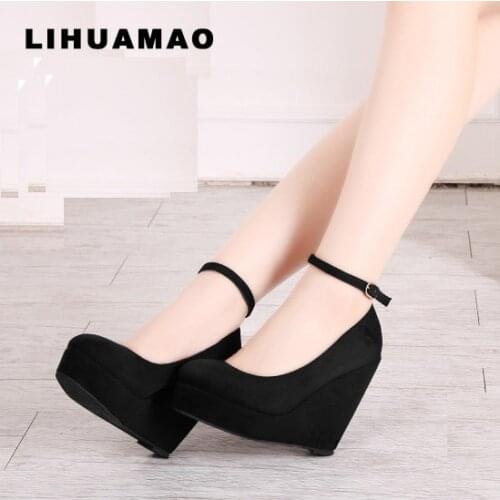 LIHUAMAO Suede Platform Women Wedges Shoes Pumps Round Toe Ankle Strap Ladies High Heel Shoes Party Work Dancing