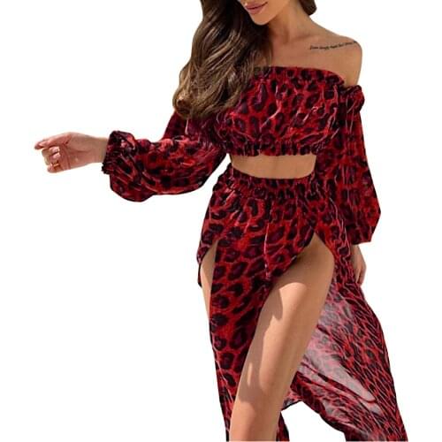 Ladies Sexy Beach Overskirt Set, Summer Vacation Women Temperament Leopard Print Strapless Puff Sleeve Crop Top + Split Skirt