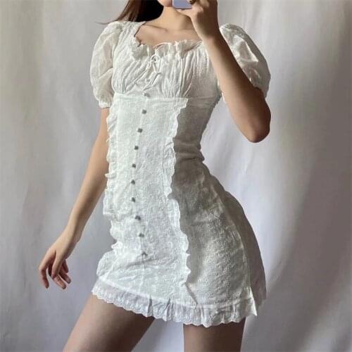 ZXQJ Women 2021 Fashion Ruffled Cutout Embroidery Mini Dress Vintage Square Neck Short Sleeve Female Dresses Vestidos Mujer