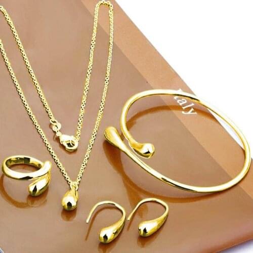 4Pcs/Set Fashion Women Teardrop Charm Necklace Earrings Opening Ring Bracelet Jewelry Set Bride Wedding Womans accesories