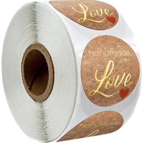 500pcs/roll Kraft paper gold foil "Handmade with love"stickers for business package seal labels wedding decoration stationery