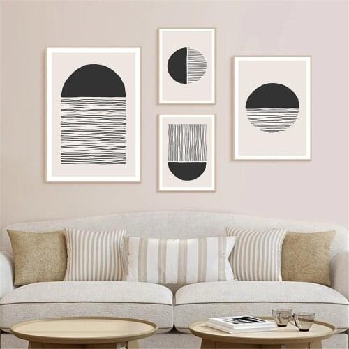 Abstract Geometric Wall Art Canvas Painting Sun Moon River Landscape Poster Black White Line Print Mid Century Poster Home Decor
