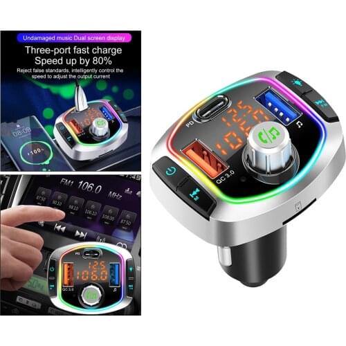 Car Bluetooth V5.0 FM Transmitter PD Fast Charge Radio Adapter 6 RGB Backlit