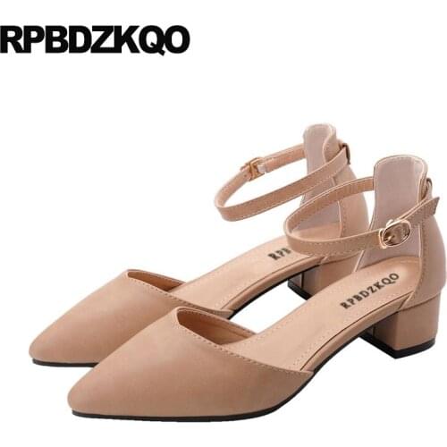 Block summer korean thick pink shoes women d'orsay size 4 34 ankle strap 2018 medium heels metal sandals pointed toe suede cheap