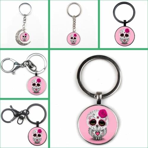 Fashion Cute Candy Color Skull Owl Photo Keychain Men Women Key Ring Cute Temperament Pendant Glass Charm Key Chain Gift Quality