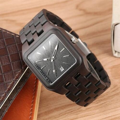 Business Mens Wood Watch Quartz Auto-Date Minimalist Display Square Dial Wooden Bangle Folding Clasp Wrist Watch for Men reloj